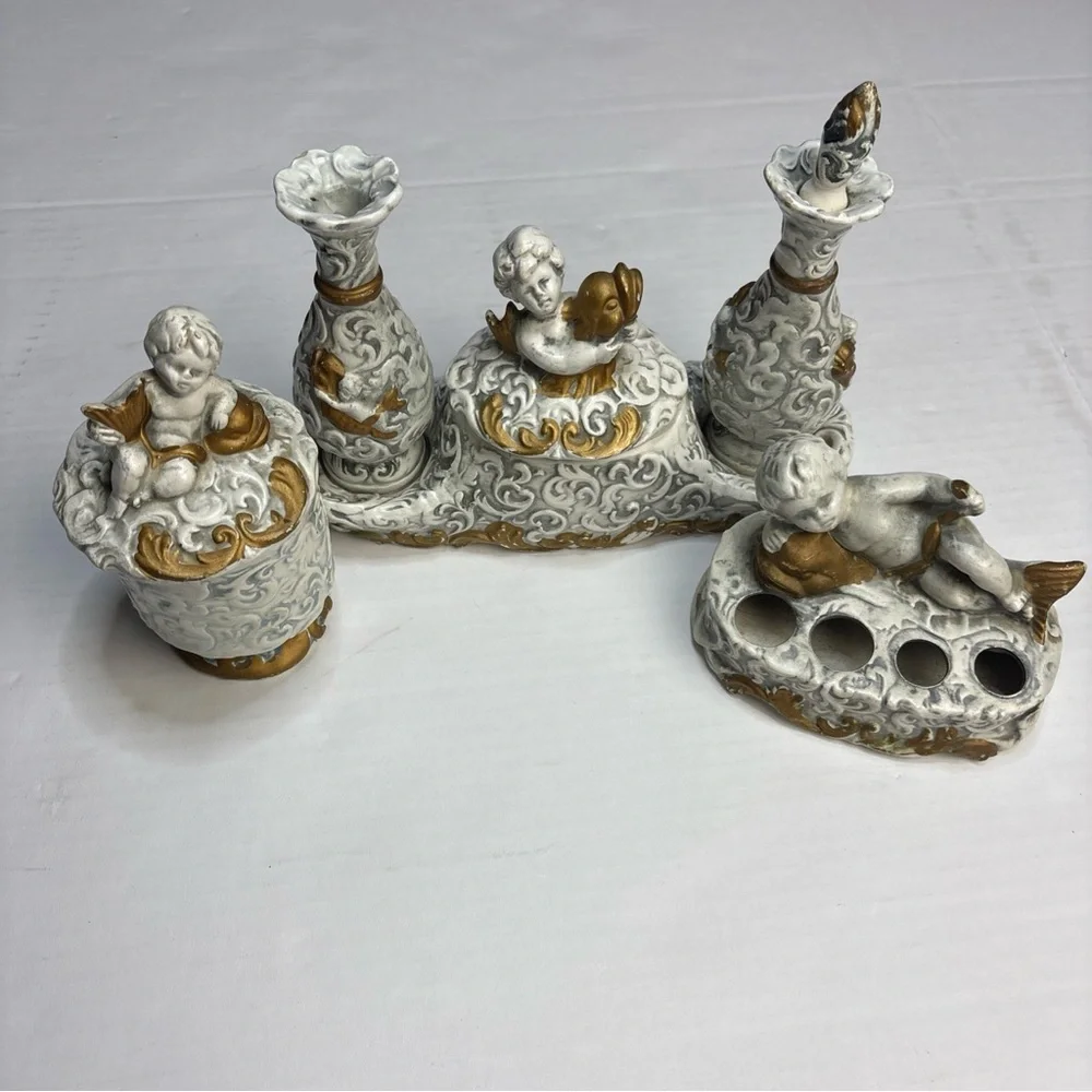 Vintage Acson Japan Cherub Vanity Bathroom Set Ceramic Mid-Century Gold Accents